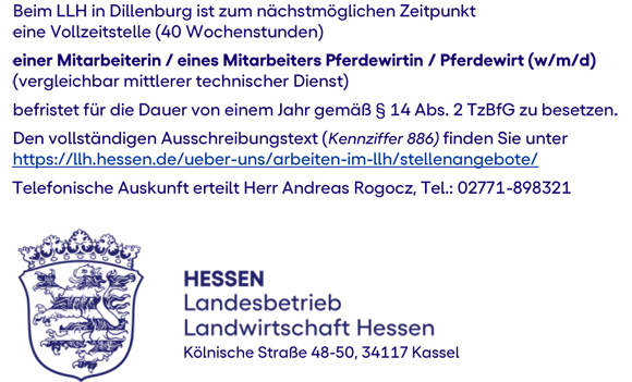 Stellenanzeige Landesbetrieb Landwirtschaft Hessen | Mitarbeiter/in Pferdewirt/in (m/w/d) | Dillenburg